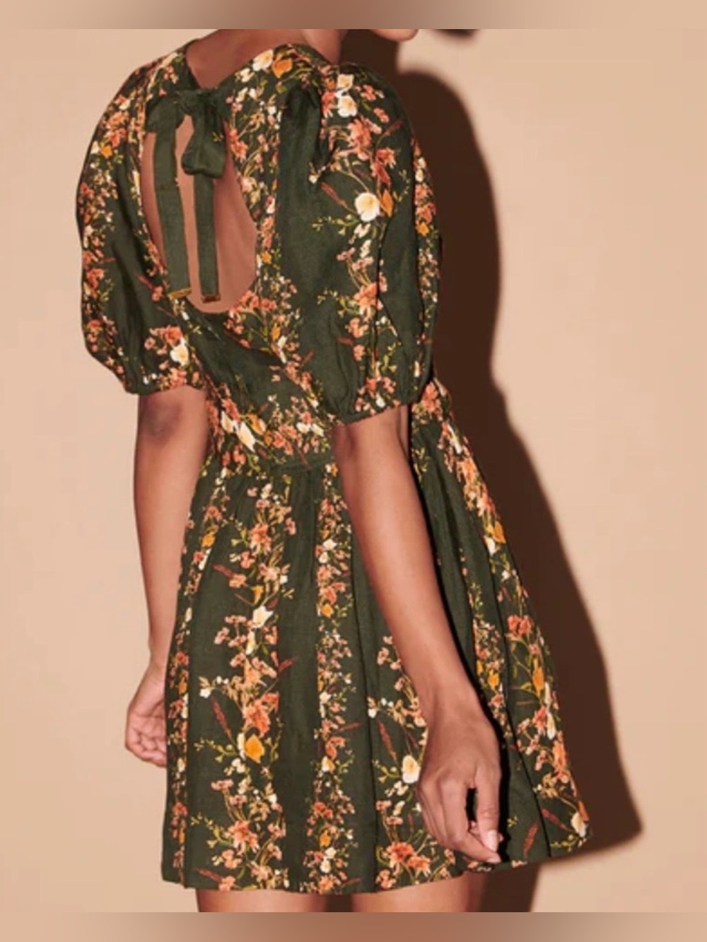 SAYLOR Free People Dark Olive Floral Puff-Sleeve Mini Dress - Picture 3 of 16